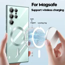 Clear Magnetic Plating Phone Case For Samsung Galaxy S24 S23 Ultra S22 S21 Plus For Magsafe Wireless Charging Shockproof TPU Cover With Camera Lens Protector