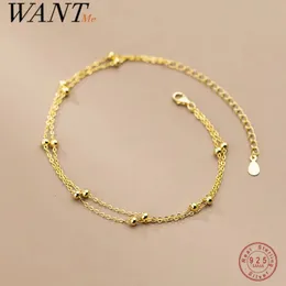 Anklets WantMe 925 Sterling Silver Fashion Double Anklet For Women Summer Beach Charming Minimalist Round Bead Gothic Chain Jewelry 231121