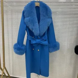 Pelliccia sintetica da donna CXFS Cappotto misto lana e cashmere da donna con grande colletto in vera volpe Giacca invernale moda Cintura doppio petto Polsini outwear 231112