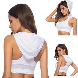 Women Sport Tank Crop Tops Fashion Quick Dry Elastic Fitness Sports Bra Hooded Vest Running Female Girls Sprots Short Tees P230421