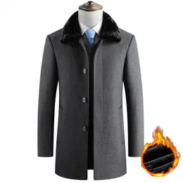 Masculino mistura inverno engrossado trench coat gola de pele falsa ervilha de lã fino ajuste único breasted casaco de caxemira 231121