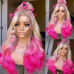Peruansk hår transparent spets frontala peruker ombre rosa vågor 13x4 spets front peruk 180% densitet blondin färgad syntetisk spets frontala peruker