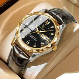 Relógios de pulso Poedagar relógio de quartzo para homens moda de alta qualidade couro à prova d'água luminosa data semana relógio de pulso de negócios