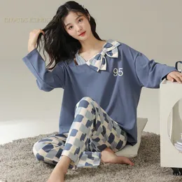 Kvinnors sömnkläder falska 1 för 2 vårkammade bomullspyjama sätter kvinnor pyjamas pläd sömnkläder loungewear pijama mujer nightsuits hemkläder mode 230421