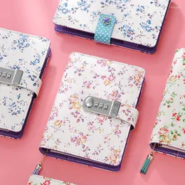 Kawaii A6 Korean Lock Leather Notebook Writing Pads Flower Girl Gift Loose Leaf Password Mini Lockable Diary School Supplies