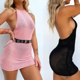 Casual Dresses OMSJ Summer Beach Dress For Women Cover Up See Through Sleeveless Grid Halter Lace-up Sexy Backless Vestidos Pink & Black