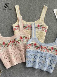 Singreiny Floral Embroidary Camisole Women Hook Hollow Out Design Casual Fashion 2022 Summer Ladies Knitted Slim Tank Top P230421