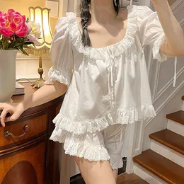 Women's Sleepwear Kawaii Women Nightwear Pearl Button Pajama Sets TopsShorts.Vintage Ladies Girl Big Neckline Lace Pyjamas Set Cotton Sleepwear 230421