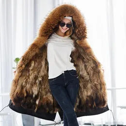 Fur Maomaokong 2021 chaqueta de invierno Real de moda abrigo de piel natural cuello de piel de mapache real abrigo largo suelto