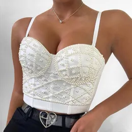 Camisoles Tanks Women Sexy Designer Beading White Black Cotton Camisole Tops Summer Ladies Trendy High Street Short Camis Crop Tops 230421