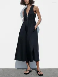 캐주얼 드레스 여름 여름 여성 소매 VENTER V BLACK DRESS WOMENS CLOCTING 2023 FRONT ZIP UP Elastic Waist Midi Long