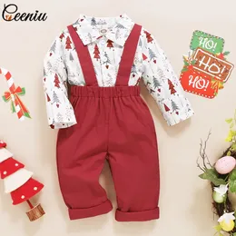 Kläderuppsättningar Ceeniu 1-5y Toddler Boys Christmas Outfit For Kids Xmas Tree Shirts and Red Overalls Christmas Set for Baby Year Costume 231120