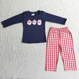 Giyim setleri 3 sevimli Noel Baba işlemeli Noel Bebek Bebek Güz Kıyafet Donanma Tshirt Kırmızı Ekose Pantolon 2 adet kıyafet