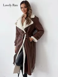 Wełna wełny damska Furta skórzana długa kurtka Pasek Pasek Lamblool Turndown Turndown Kieszkant Kieszkant 2023 Autumn Winter Lady Overcoat 231121