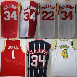 팀 농구 레트로 Hakeem Olajuwon Jerseys 34 Man Jalen Green 4 Tracy McGrady 1 Clyde Drexler 22 빈티지 레드 흰색 해군 블루 컬러 스티칭 통기성 셔츠