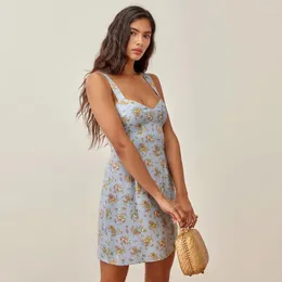 Casual Dresses Floral Mini Dress Women Vintage V-Neck Backless Mante A-Line Spaghetti Strap For Club Elegant Slim Bohemian Summer