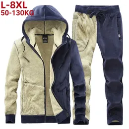 Mężczyzny dresy męskie zimowe dresy mężczyźni grube ciepłe wełniane jagnięce wełniane polar plus z kapturem 2 -częściowy zestaw kurtki Spods Sportswear Casual Suits 8xl 231120