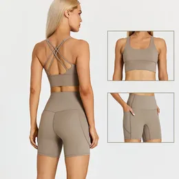 Yoga Outfit ABS LOLI Pockets Shorts Set Women Fitness Suit 2 Piece Sports Gym Wear Workout Clothes Running Sportswear Sport 231120