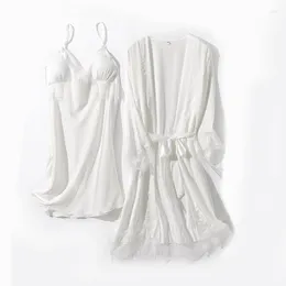 Women's Sleepwear White Bridal Wedding Robe Set Lady V-Neck Intimate Lingerie Sexy Kimono Gown Summer Loose Nightgown&Bathrobe Suits