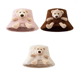 Berets Damen-Fleece-Eimerhut mit 3D-Stoffbären-Kopfbedeckung, weiche Herbst- und Wintermütze