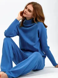 Женские брюки из двух предметов, однотонный модный комплект с высоким воротом, вязаный свитер, осень-зима, свитер, повседневный свитер на шнуровке, 231120