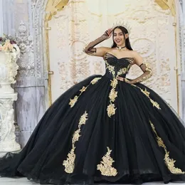 Lace Appliques Black Gold Tulle Quinceanera Dresses Ball Gown Three Quarter Sleeve Sweet Prom Party Gowns Vestidos Quince S