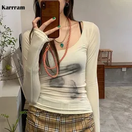 Koszulka damska Karrram w stylu koreańsku Top Kobiety krawat bar farbowany wydrukowany segment THIRT