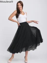 Skirts Mozuleva Pleated Skirt for Women Long Pleated Mesh Stitching A-line Skirt Spring High Waist Swing Skirt Girls Kawaii Skirt 230420