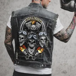 Mäns västar Spring Mens Biker lokomotiv ärmlös jeanjacka Skull Motorcykel Punk Top Waistcoat Hip Hop Hole Ripped Men denim 230420