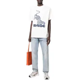 Tasarımcı Moda Giysileri Tees Tshirts 2022 Yaz Yeni Rhude High Street Leopar Mektubu Baskı Gevşek Kısa Kollu T-Shirt Erkek Gömlek Tops Street Giyim Hip Hop