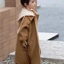 Płaszcz Down 3-12-letni zima i jesień dziecięce średniej długości wełniane modne ubranie z kapturem dla chłopców dziewczęta