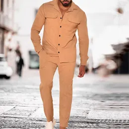 Herrspårar 2023 Casual Corduroy Cotton Set Luxury Solid Color Pocket Long Sleeve Shirt Jacket Pants 2 Piece Suit Leisure Autumn