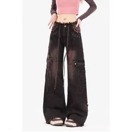 Kvinnors jeans kvinnors svarta jeans shabby solid street kläder hög midja amerikanska brett ben byxor mode retro kvinnors vinterbyxor 231121