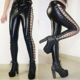 Kadınlar ıslak long up punk rock lateks tozluk iki yan çivili sahte deri pantolon seksi fetiş pvc clubwear