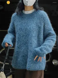 Kvinnors tröjor Hanorange 2023 Vintermode o-hals Alpaca-tröja mjuk hudvård stickad topp kvinnlig rosa/gråaktig blå