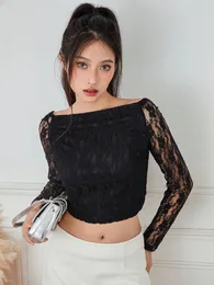 Kvinnors T-skjortor WSEVYPO Backless Lace Floral Sheer Crop Tops Vintage Fairy Long Sleeve O-Neck Slim Fit Short T-shirt SeaThrough Tees