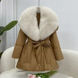 Womens Fur Faux Branco Ganso Down Jackets Moda Inverno Mulheres Cinto Curto Cintura Outerwear Elegante Fox Casacos Roupas Femininas Quentes 231121