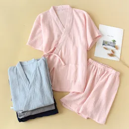 여자 잠자기 여름 코튼 크레페 파자마 여성의 짧은팔 반바지 반바지 반바지 여자 V-Neck Kimono Pijamas 얇은 잉글웨어 2 조각 홈 옷 230421