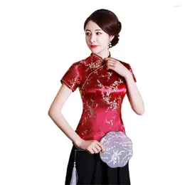 Bloups feminina Mulheres Cheongsam blusas camisa de estilo chinês impressão de ameixa de verão outono fivelas requintadas tampo de colarinho para casamento