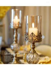 Titulares de vela retro metal pilar esculpido portador de luxo em casa decoração de casamento de ouro banhado a ouro castiçal de vidro