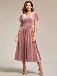 Party Dresses Elegant Evening V-neck Short Sleeves Pleated Velvet Knee-Length 2023 Ever Pretty Of Orchid Wedding Guest