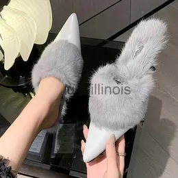 Slippers Fur Women Mid Heels Slippers Warm Pointed Toe Shoes 2023 Winter Trend New Plush Cotton Casual Flip Flops Pumps Bottine Femme J231121