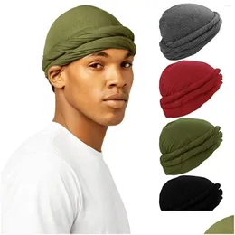 Berets Halo Turban Durag Vintage Twist Head Wraps Scarf For Men Elastic Modal Satin Lined Caps Drop Delivery Fashion Accessories Hat Dhuib