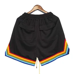 Дизайнерская одежда короткие повседневные Rhude Fashion Shorts Mesh Fabric Rainbow Sports Casual Capris Мужские и женские свободные баскетбольные штаны Пары Бегуны Спортивная одежда