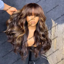 تسليط الضوء على Balayage Human Hair Body Wave Fringe 13x6 Lace Front Wigs للنساء غير المجزأ مسبقًا مسبقًا 360 Bangs Bangs