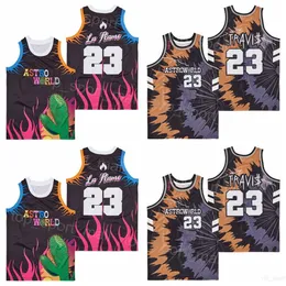 Moive Basketball La Flame Astro World Jerseys 23 Travls Scott Pullover Pure Cotton Retro College for Sport Fan University oddychający drużyna Emerytów Czarna kolorowa koszula