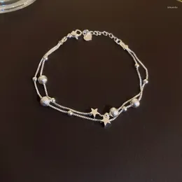 Braccialetti con ciondoli Perline rotonde metalliche fredde Pentagramma Bracciale a doppio strato Personalità regolabile per tutte le partite per le donne