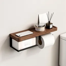 Bathroom Shelves Toilet Paper Holder with Black Walnut Shelf for Bathroom Wall Mounted Toilet Paper Tissue Holder Double Roll Black Phone Rack 230421