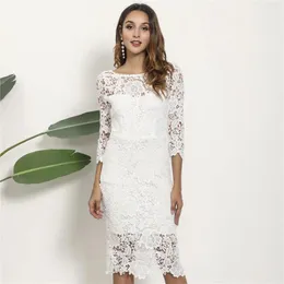 Party Dresses White Lace Cocktail 3/4 ärmlös kvällsprom Wedding Midi Dreses 2023