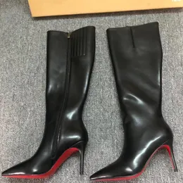 Designer Winted Boots Wysokie obcasy czerwone błyszczące dno cienkie obcasy 8 cm 10 cm 12 cm czarna skórzana skórzana but smukły na wysokim obcasie jesień zima nowe krótkie buty 35-42